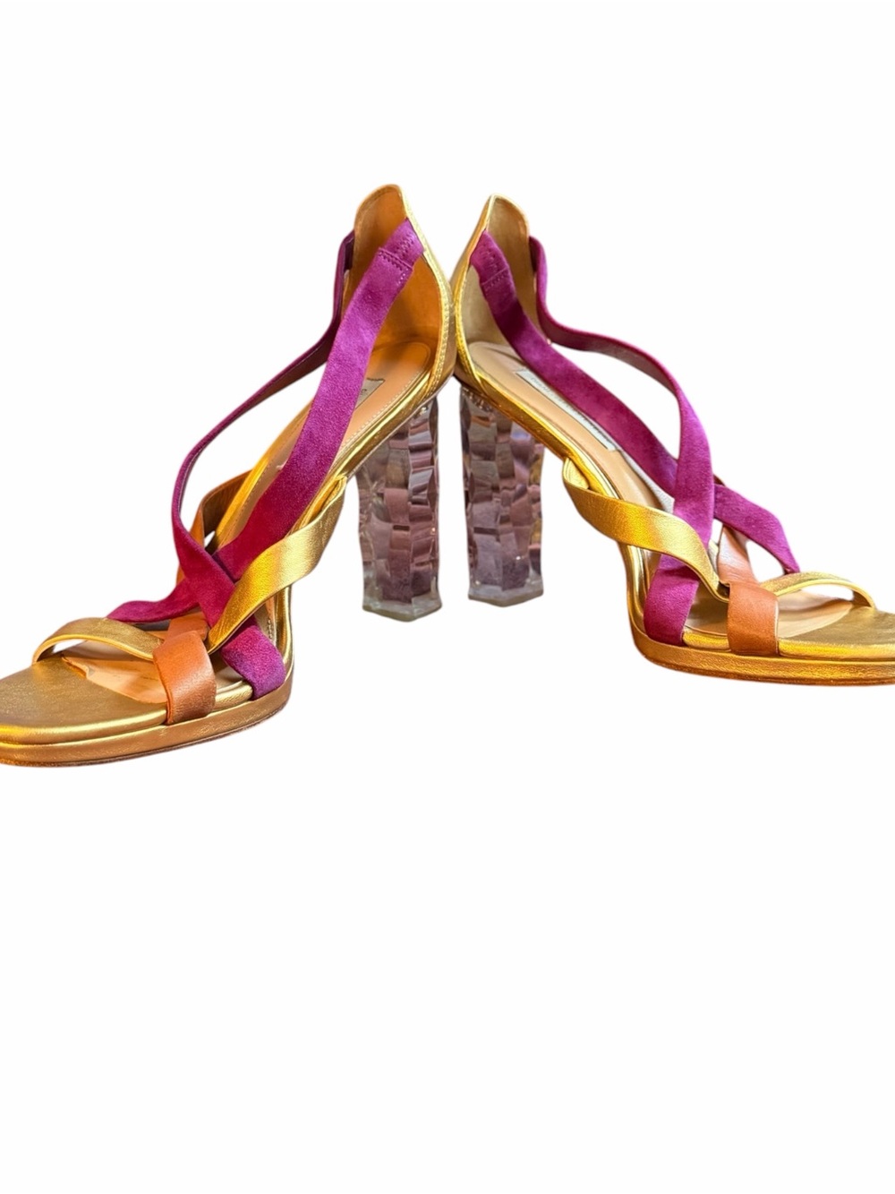 Diane Von Furstenberg Gold  and Plum Leather Crystal Heel Sandals 9.5